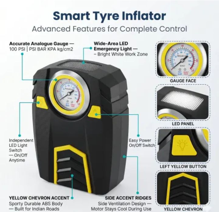 D-C Powered Tyre Air Pump for Car 100PSI | Cigarettte Lighter Socket | 50cm Hose | 3 Metre Cable | Emergency LED |