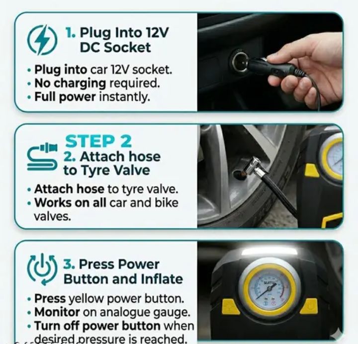 D-C Powered Tyre Air Pump for Car 100PSI | Cigarettte Lighter Socket | 50cm Hose | 3 Metre Cable | Emergency LED |