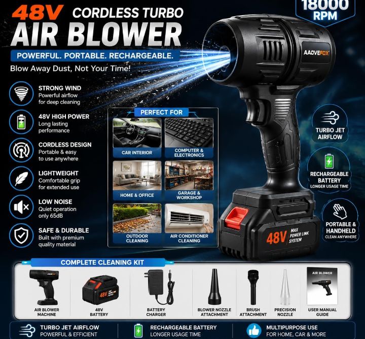 Cordless Electric Air Blower 48V Rechargeable Turbo Jet Fan, 18000 RPM High-Power Air Duster with Battery & Charger, Portable Dust Removal Tool for Cars. 55% off