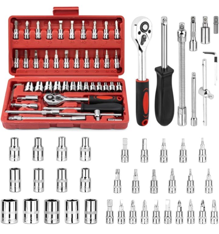 46-Piece Socket Wrench Set with Ratchet Handle, Extension Bar and Metric Sockets, Compact Repair Tool Kit for Automotive, Bicycle, Home and DIY Maintenance
