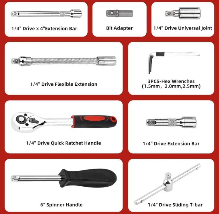 46-Piece Socket Wrench Set with Ratchet Handle, Extension Bar and Metric Sockets, Compact Repair Tool Kit for Automotive, Bicycle, Home and DIY Maintenance