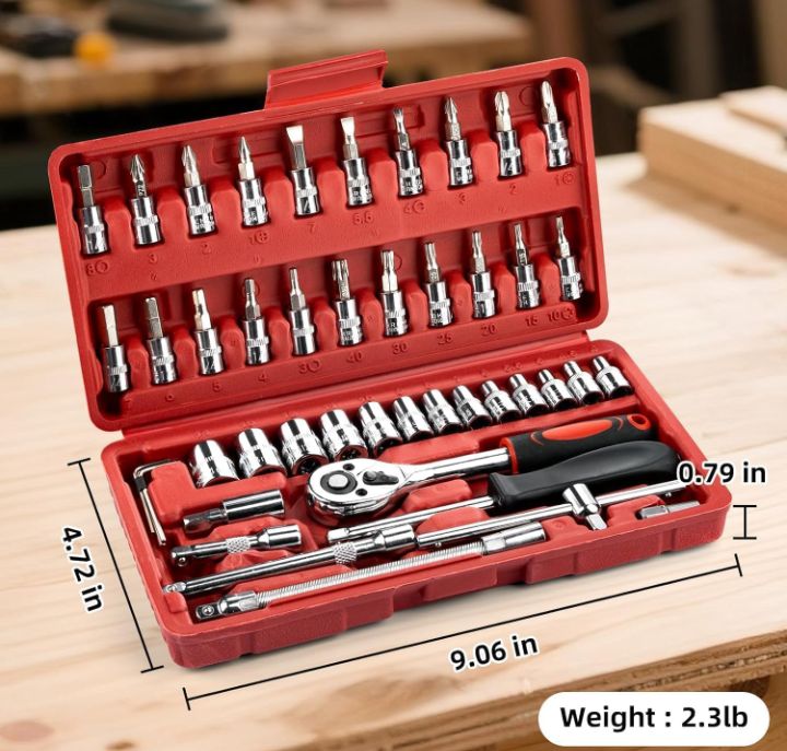 46-Piece Socket Wrench Set with Ratchet Handle, Extension Bar and Metric Sockets, Compact Repair Tool Kit for Automotive, Bicycle, Home and DIY Maintenance