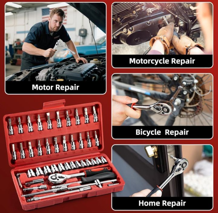 46-Piece Socket Wrench Set with Ratchet Handle, Extension Bar and Metric Sockets, Compact Repair Tool Kit for Automotive, Bicycle, Home and DIY Maintenance