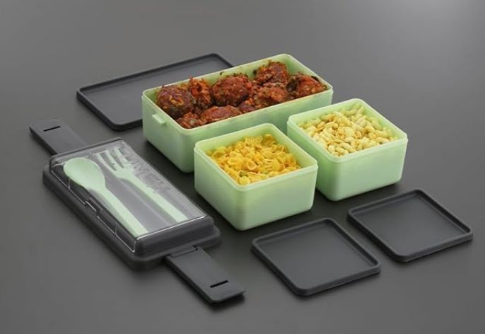 3-Compartment Lunch Box for Office Men and Lunch Box for Kids, Portable Double-Layer Lunch Box with Cutlery and Lid,Microwave Safe Lunch Boxes (Pack of 1,Multicolor, Plastic), 1400 Ml 70% off