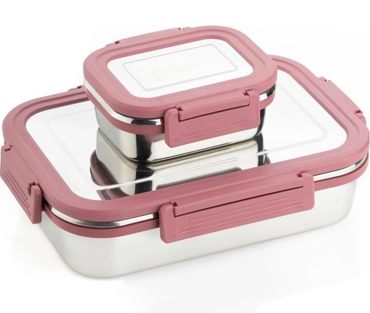 Premium Stainless Steel Lunch Box, 700ml + 200ml, Leakage Proof/Airtight Containers Lunch/Tiffin Box for School, Office Use, Bento Lunch Box for Kids/Boys/Girls, 4 Side Clip Lock Lid (Pink)