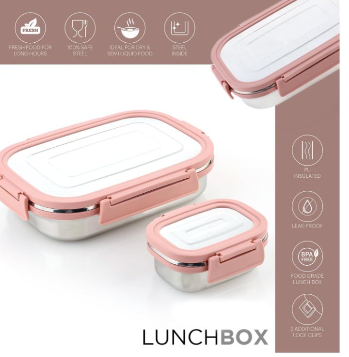 Premium Stainless Steel Lunch Box, 700ml + 200ml, Leakage Proof/Airtight Containers Lunch/Tiffin Box for School, Office Use, Bento Lunch Box for Kids/Boys/Girls, 4 Side Clip Lock Lid (Pink)