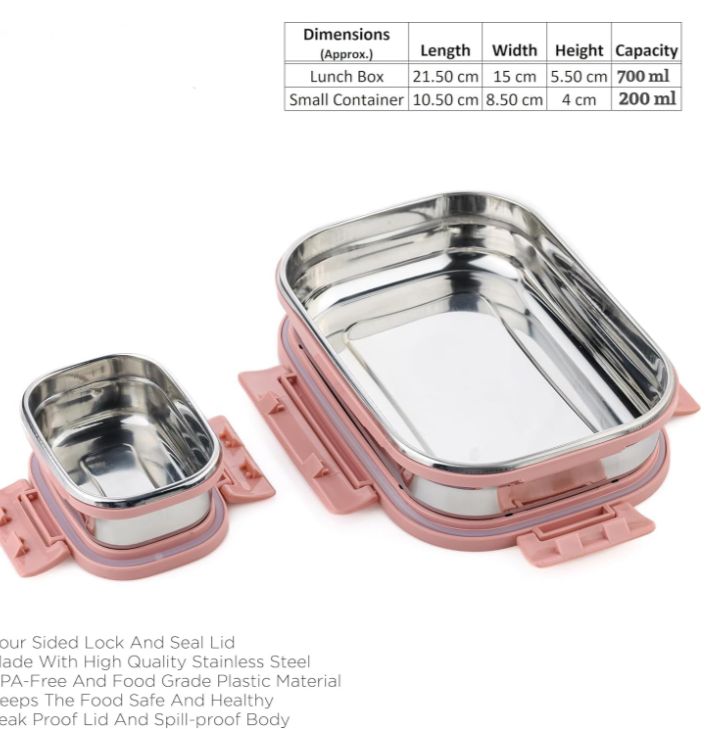 Premium Stainless Steel Lunch Box, 700ml + 200ml, Leakage Proof/Airtight Containers Lunch/Tiffin Box for School, Office Use, Bento Lunch Box for Kids/Boys/Girls, 4 Side Clip Lock Lid (Pink)