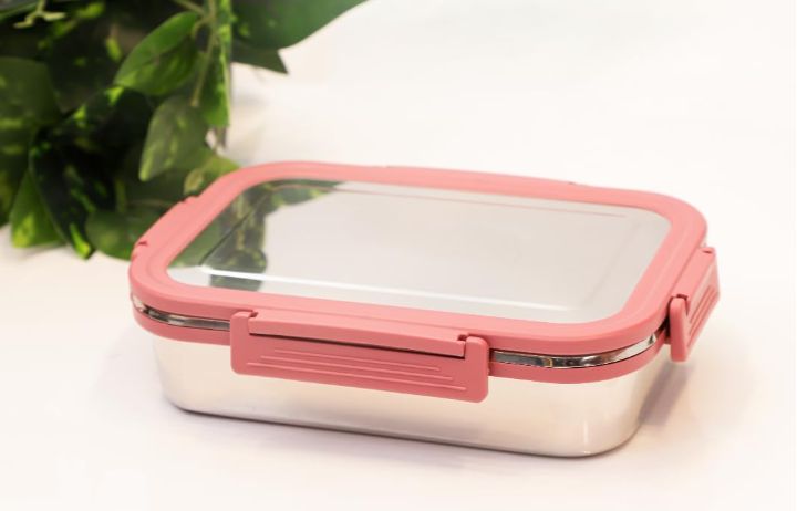 Premium Stainless Steel Lunch Box, 700ml + 200ml, Leakage Proof/Airtight Containers Lunch/Tiffin Box for School, Office Use, Bento Lunch Box for Kids/Boys/Girls, 4 Side Clip Lock Lid (Pink)