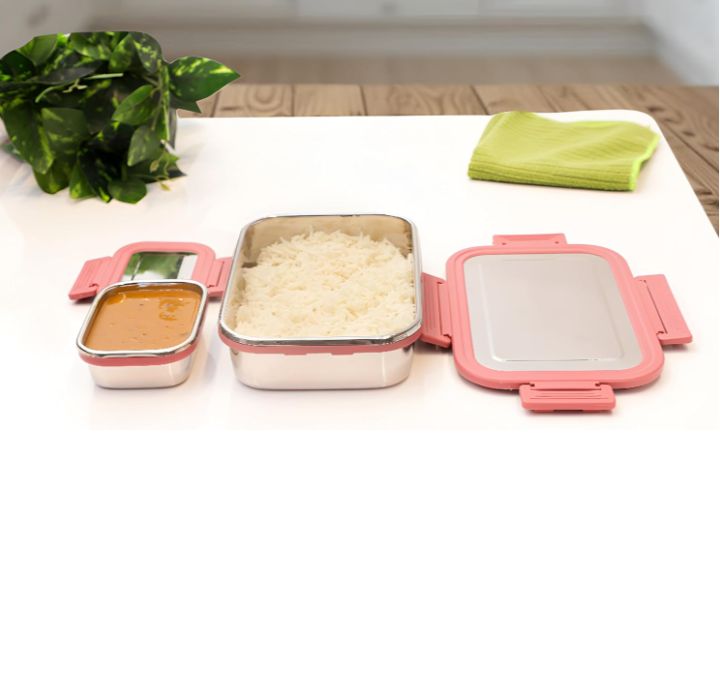 Premium Stainless Steel Lunch Box, 700ml + 200ml, Leakage Proof/Airtight Containers Lunch/Tiffin Box for School, Office Use, Bento Lunch Box for Kids/Boys/Girls, 4 Side Clip Lock Lid (Pink)
