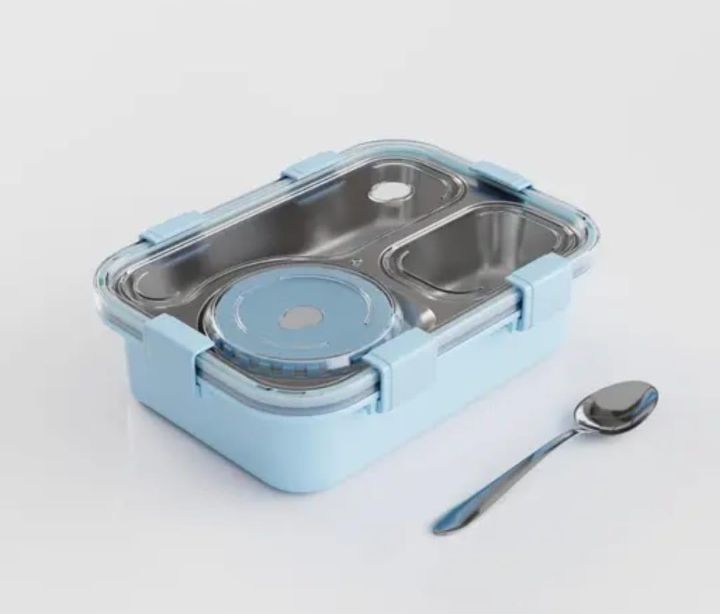 Stainless Steel Lunch Box with 3 Compartments | Leak Proof Bento Tiffin Box with Sauce Bowl, Spoon & Fork | BPA Free Food Grade Lunch Box for School, Office & Travel ( Blue)