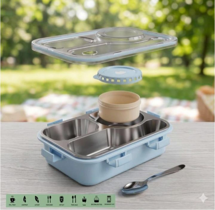 Stainless Steel Lunch Box with 3 Compartments | Leak Proof Bento Tiffin Box with Sauce Bowl, Spoon & Fork | BPA Free Food Grade Lunch Box for School, Office & Travel ( Blue)