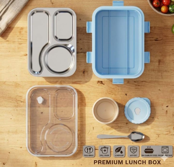 Stainless Steel Lunch Box with 3 Compartments | Leak Proof Bento Tiffin Box with Sauce Bowl, Spoon & Fork | BPA Free Food Grade Lunch Box for School, Office & Travel ( Blue)