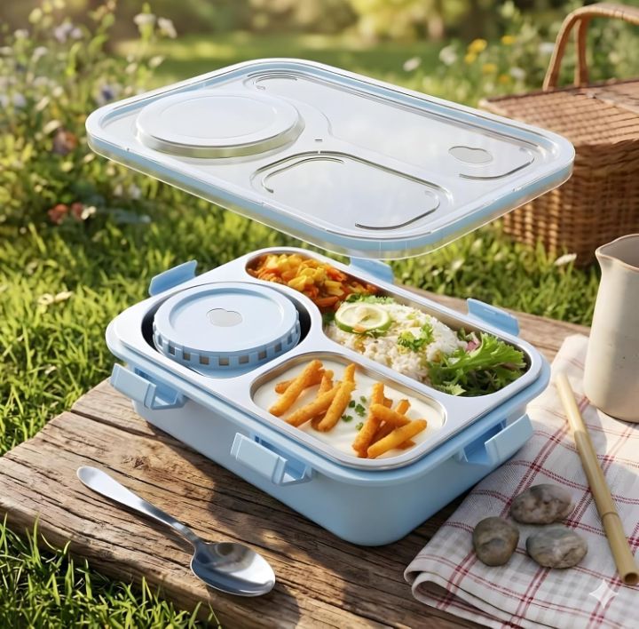 Stainless Steel Lunch Box with 3 Compartments | Leak Proof Bento Tiffin Box with Sauce Bowl, Spoon & Fork | BPA Free Food Grade Lunch Box for School, Office & Travel ( Blue)