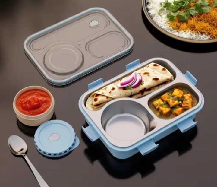 Stainless Steel Lunch Box with 3 Compartments | Leak Proof Bento Tiffin Box with Sauce Bowl, Spoon & Fork | BPA Free Food Grade Lunch Box for School, Office & Travel ( Blue)