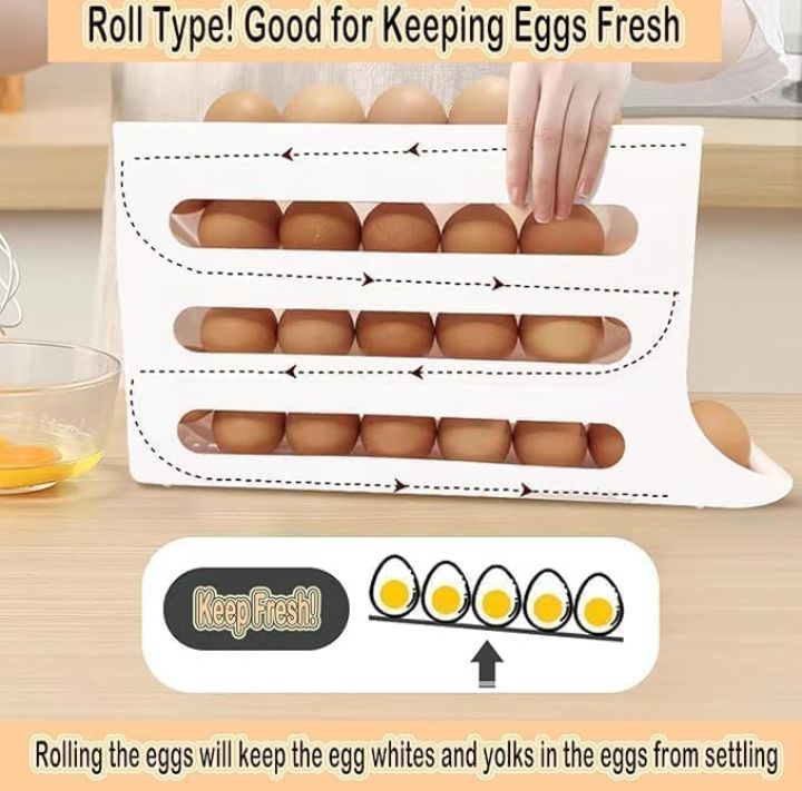 Kitchen Egg Storage Rack – 4-Tier Stackable Rolling Egg Tray, Space-Saving Egg Dispenser, Large Capacity Refrigerator Organizer for 30 Eggs