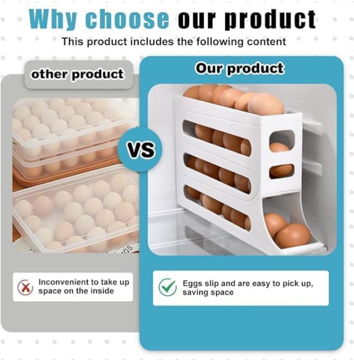 Kitchen Egg Storage Rack – 4-Tier Stackable Rolling Egg Tray, Space-Saving Egg Dispenser, Large Capacity Refrigerator Organizer for 30 Eggs