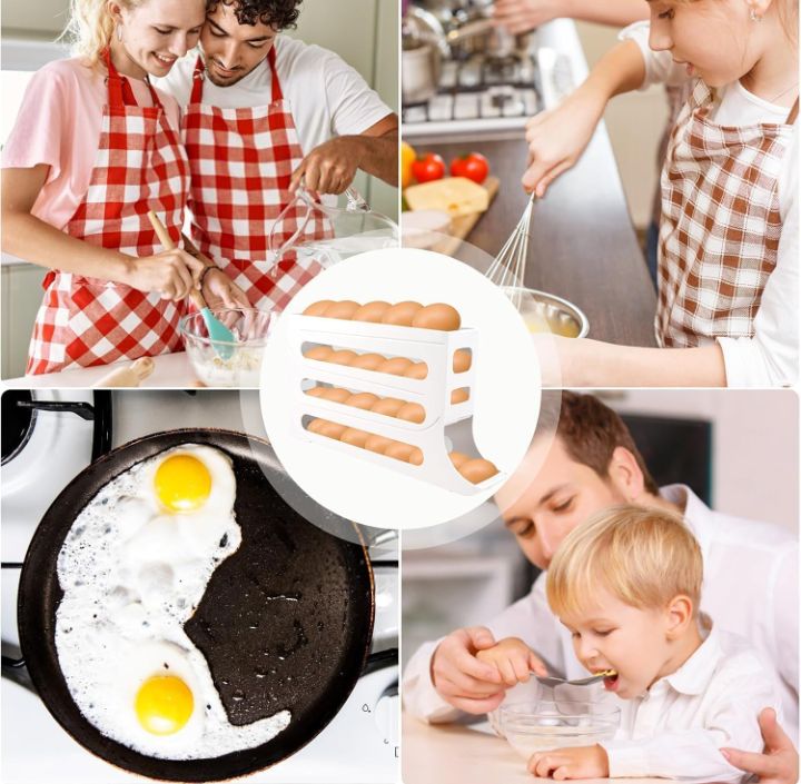 Kitchen Egg Storage Rack – 4-Tier Stackable Rolling Egg Tray, Space-Saving Egg Dispenser, Large Capacity Refrigerator Organizer for 30 Eggs