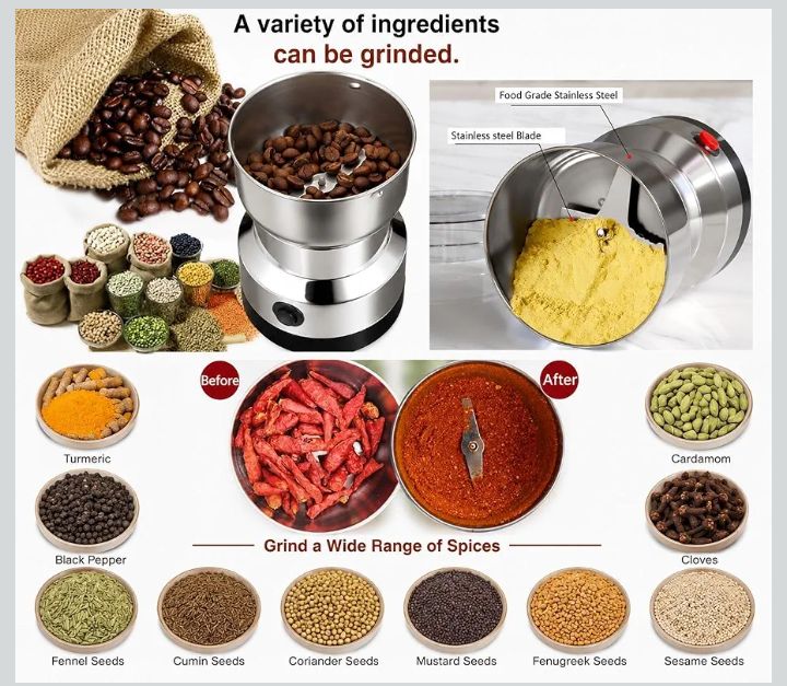 Mixer Grinder Smash Machine Stainless Steel Multifunctional Electric Grinder & Chopper Dried Spice Hurbal Masala Coffee Beans, Nuts & Grains, Household Mixer, Powerful Motor Blender