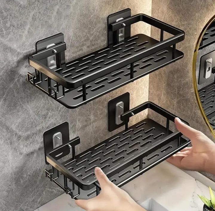 Self-Adhesive Bathroom Shelf Organizer | No-Drill Wall Mounted Storage Rack with Hooks | Rustproof Multipurpose Shower Caddy for Shampoo, Conditioner, Soap & Kitchen Storage (Black)