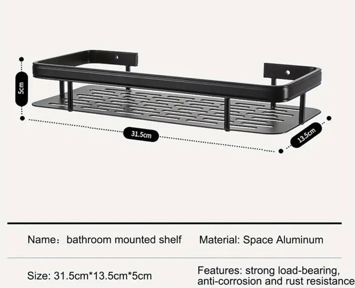 Self-Adhesive Bathroom Shelf Organizer | No-Drill Wall Mounted Storage Rack with Hooks | Rustproof Multipurpose Shower Caddy for Shampoo, Conditioner, Soap & Kitchen Storage (Black)