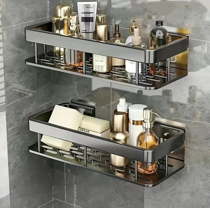 Self-Adhesive Bathroom Shelf Organizer | No-Drill Wall Mounted Storage Rack with Hooks | Rustproof Multipurpose Shower Caddy for Shampoo, Conditioner, Soap & Kitchen Storage (Black)