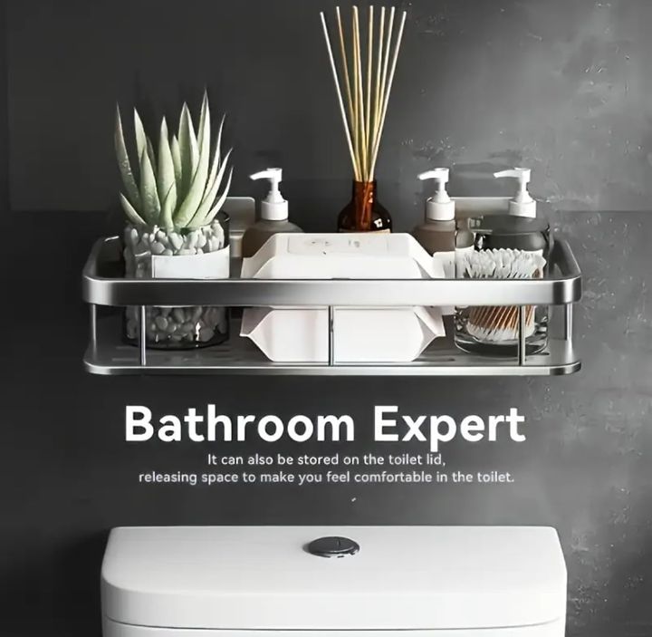 Self-Adhesive Bathroom Shelf Organizer | No-Drill Wall Mounted Storage Rack with Hooks | Rustproof Multipurpose Shower Caddy for Shampoo, Conditioner, Soap & Kitchen Storage (Black)
