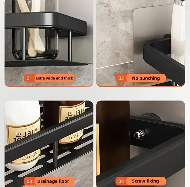Self-Adhesive Bathroom Shelf Organizer | No-Drill Wall Mounted Storage Rack with Hooks | Rustproof Multipurpose Shower Caddy for Shampoo, Conditioner, Soap & Kitchen Storage (Black)