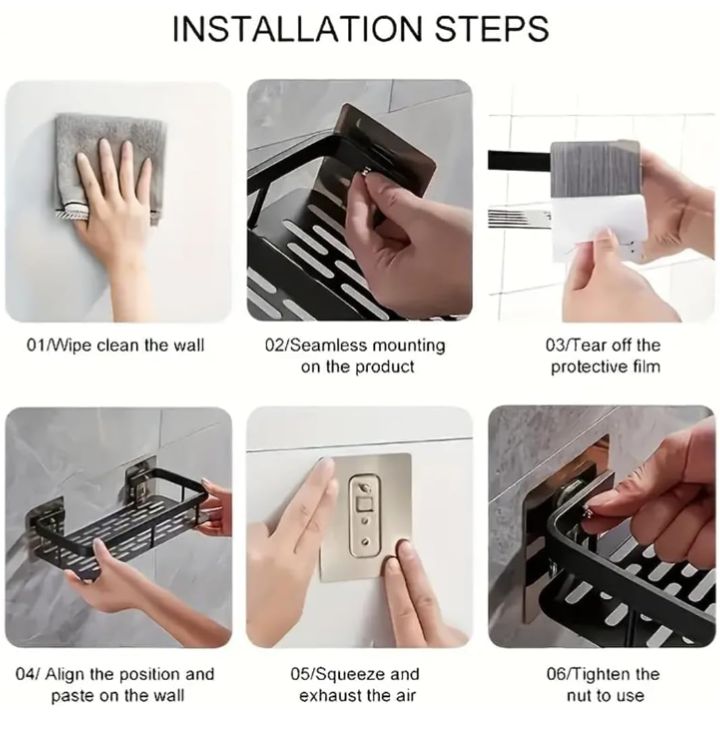 Self-Adhesive Bathroom Shelf Organizer | No-Drill Wall Mounted Storage Rack with Hooks | Rustproof Multipurpose Shower Caddy for Shampoo, Conditioner, Soap & Kitchen Storage (Black)
