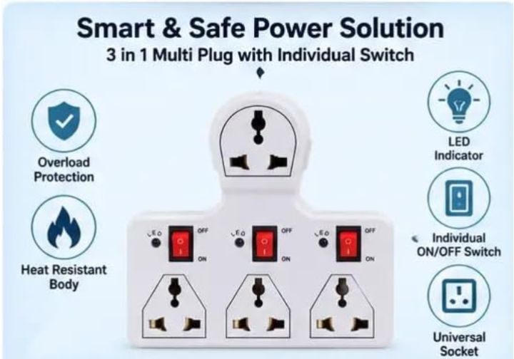 4 Socket 3 Switch Multi Plug 6A (Traveller Multi Plug)