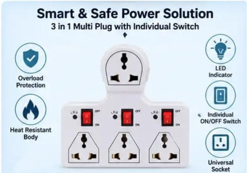 4 Socket 3 Switch Multi Plug 6A (Traveller Multi Plug)