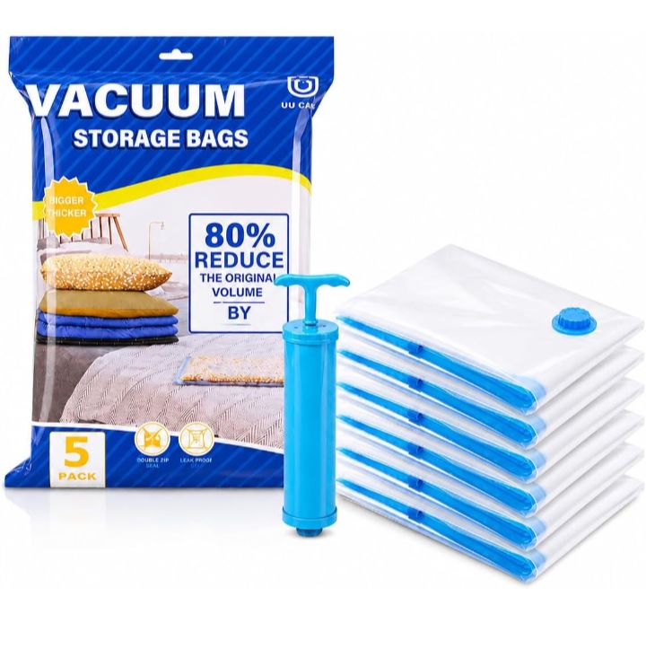 Vacuum Storage Bags Pack of 5 Compression Bags for clothes Blankets, Comforters, Pillows & Bedding | Airtight Waterproof Reusable Vacuum Seal Bags for Travel & Home Storage