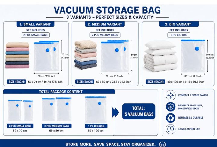 Vacuum Storage Bags Pack of 5 Compression Bags for clothes Blankets, Comforters, Pillows & Bedding | Airtight Waterproof Reusable Vacuum Seal Bags for Travel & Home Storage