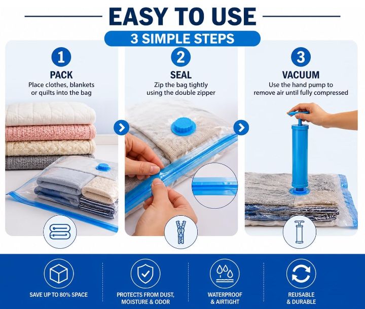 Vacuum Storage Bags Pack of 5 Compression Bags for clothes Blankets, Comforters, Pillows & Bedding | Airtight Waterproof Reusable Vacuum Seal Bags for Travel & Home Storage