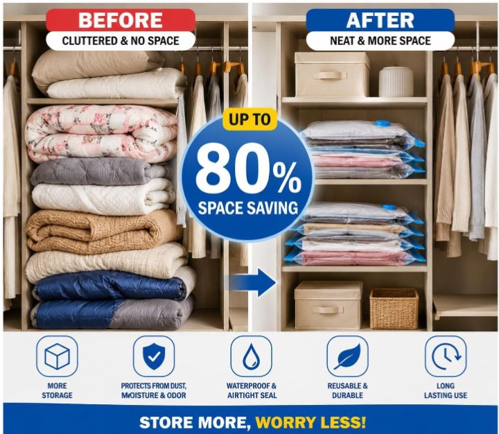 Vacuum Storage Bags Pack of 5 Compression Bags for clothes Blankets, Comforters, Pillows & Bedding | Airtight Waterproof Reusable Vacuum Seal Bags for Travel & Home Storage