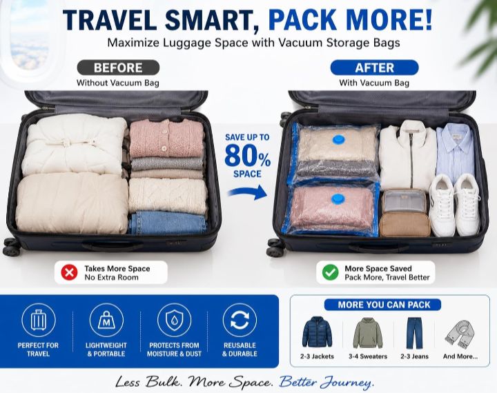Vacuum Storage Bags Pack of 5 Compression Bags for clothes Blankets, Comforters, Pillows & Bedding | Airtight Waterproof Reusable Vacuum Seal Bags for Travel & Home Storage