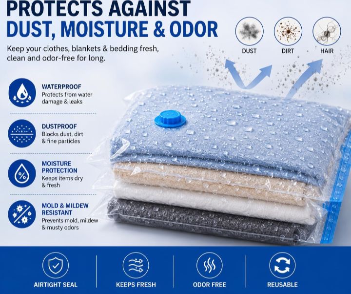 Vacuum Storage Bags Pack of 5 Compression Bags for clothes Blankets, Comforters, Pillows & Bedding | Airtight Waterproof Reusable Vacuum Seal Bags for Travel & Home Storage