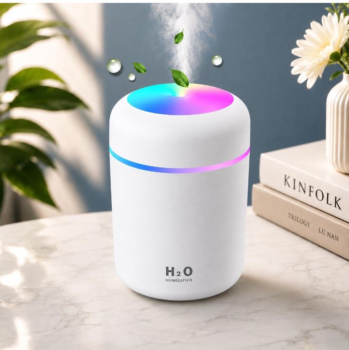 Portable H2O Humidifier – 300ML Ultrasonic Cool Mist Diffuser with Colorful LED Atmosphere Lighting, Quiet Desktop Air Humidifier for Car, Home, and Office
