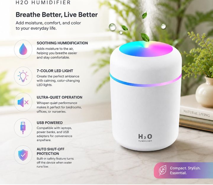 Portable H2O Humidifier – 300ML Ultrasonic Cool Mist Diffuser with Colorful LED Atmosphere Lighting, Quiet Desktop Air Humidifier for Car, Home, and Office