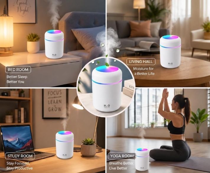 Portable H2O Humidifier – 300ML Ultrasonic Cool Mist Diffuser with Colorful LED Atmosphere Lighting, Quiet Desktop Air Humidifier for Car, Home, and Office