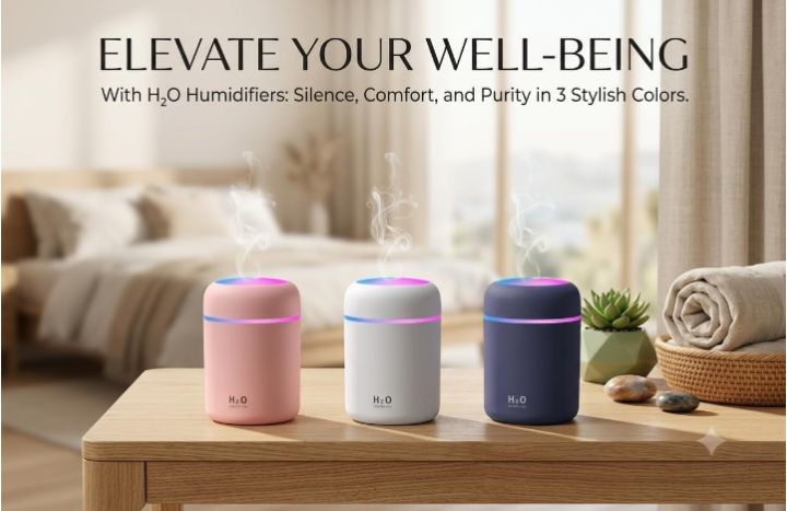 Portable H2O Humidifier – 300ML Ultrasonic Cool Mist Diffuser with Colorful LED Atmosphere Lighting, Quiet Desktop Air Humidifier for Car, Home, and Office