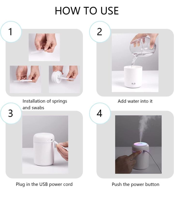 Portable H2O Humidifier – 300ML Ultrasonic Cool Mist Diffuser with Colorful LED Atmosphere Lighting, Quiet Desktop Air Humidifier for Car, Home, and Office