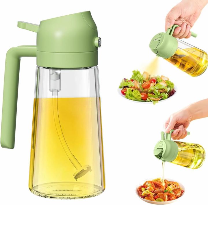 2-in-1 Glass Oil Sprayer and Dispenser Bottle, Olive Oil Sprayer with Flip Top Pourer | Cooking Spray Bottle for Air Fryer, Salad, BBQ & Kitchen Use