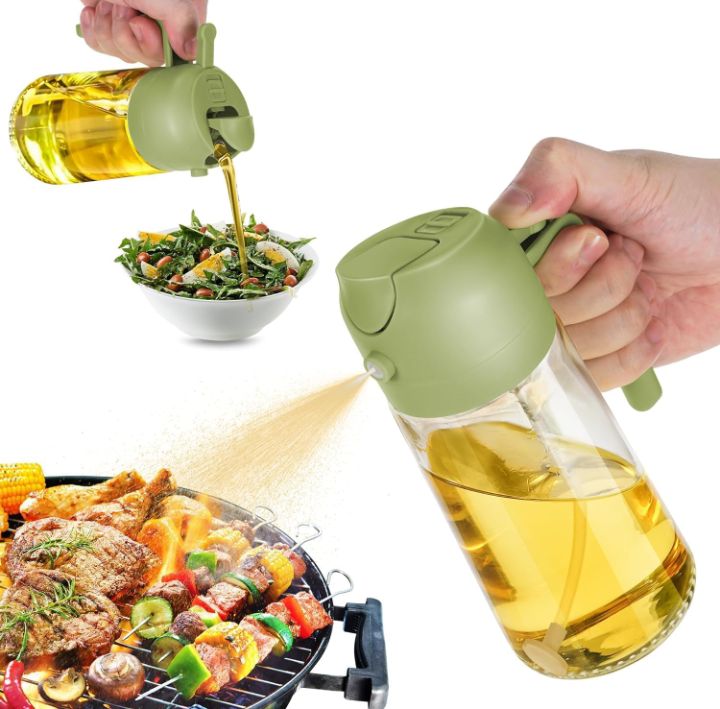 2-in-1 Glass Oil Sprayer and Dispenser Bottle, Olive Oil Sprayer with Flip Top Pourer | Cooking Spray Bottle for Air Fryer, Salad, BBQ & Kitchen Use