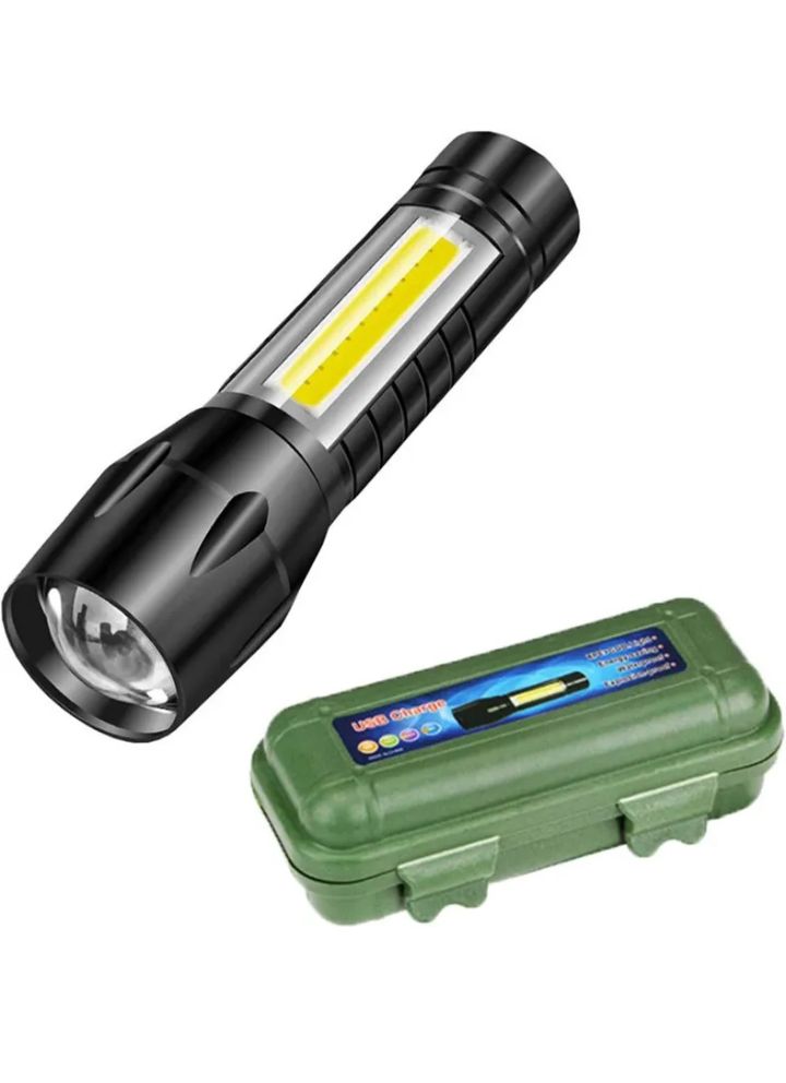 2 in1 Chargeable LED 4 Mode Zoomable Full Metal Body 9W Flashlight Torch Home LED Spot Light (Black)