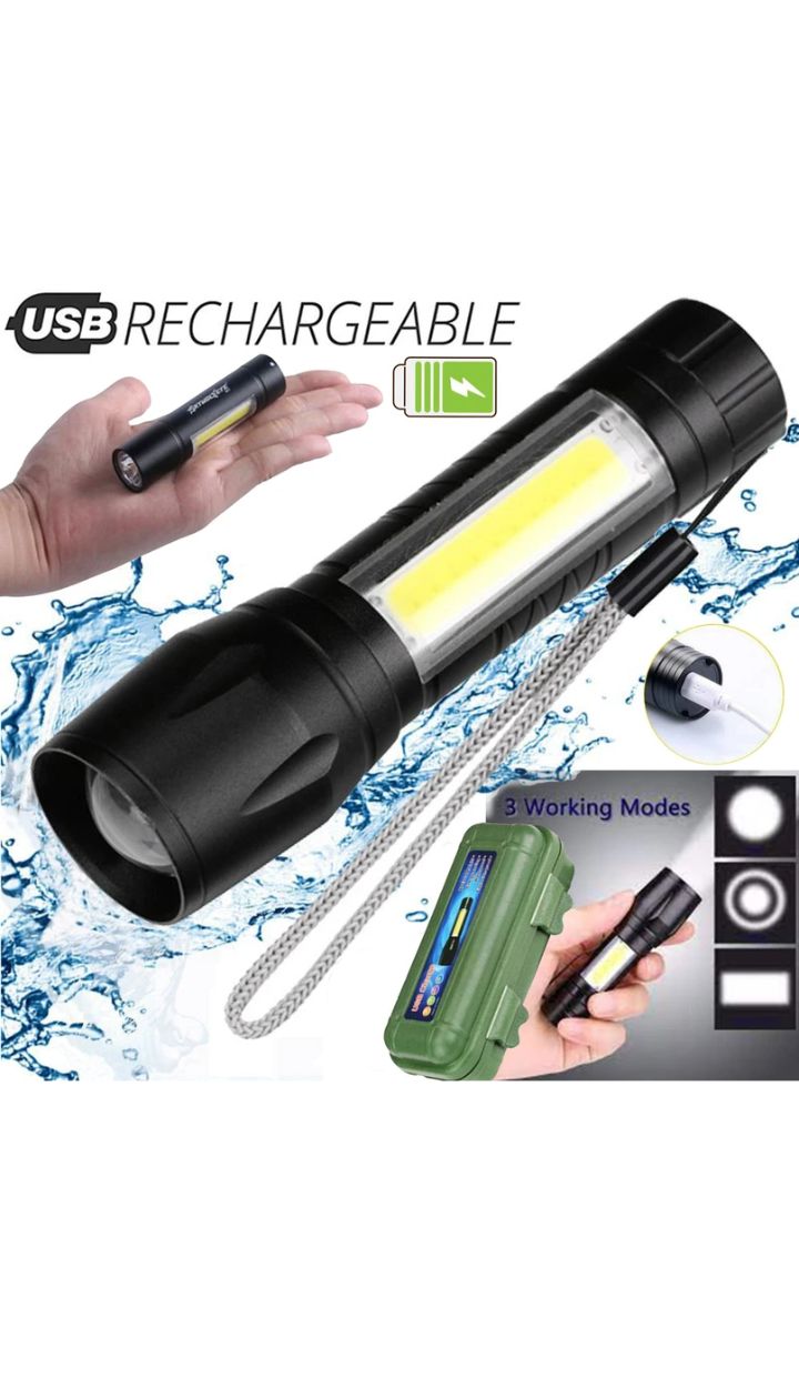 2 in1 Chargeable LED 4 Mode Zoomable Full Metal Body 9W Flashlight Torch Home LED Spot Light (Black)