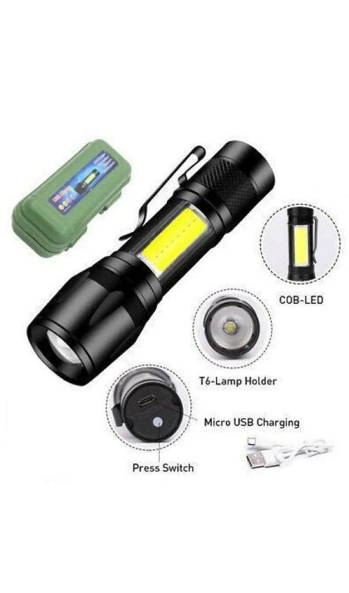 2 in1 Chargeable LED 4 Mode Zoomable Full Metal Body 9W Flashlight Torch Home LED Spot Light (Black)